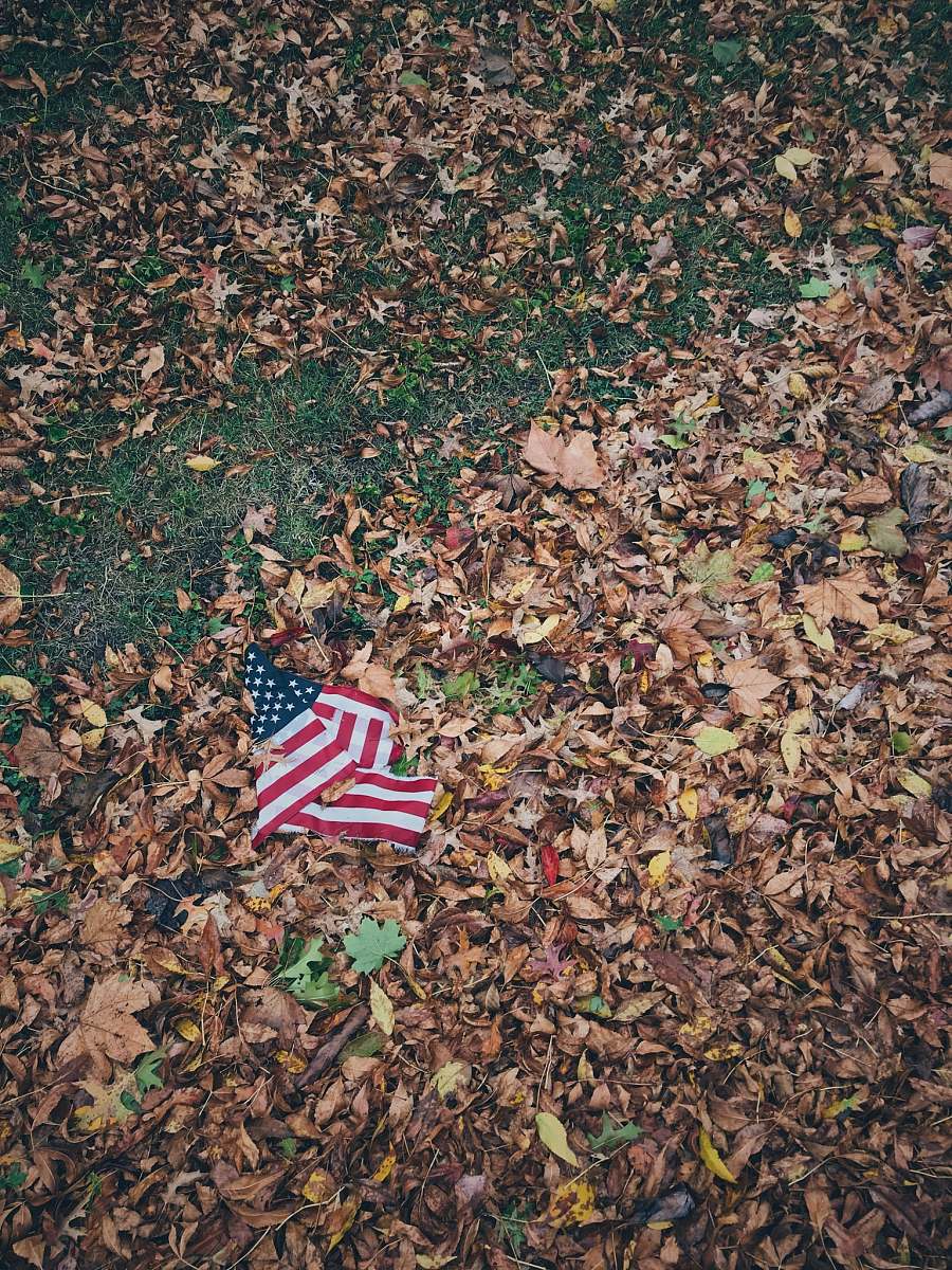 green-wood cemetery USA flag on brown leaves soil